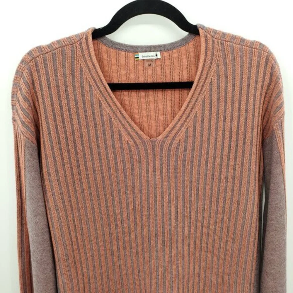 Smartwool Shadow Pine V-Neck Rib Sweater M Sparrow Heather/Sunset Coral Heather